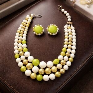 Vintage Mod Beaded Necklace & Clip on Earring Set Lime Green White Statement